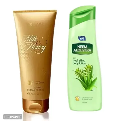 Yhi Neem Aloevera Skin Hydrating Hand Body Lotion Milk And Honey Gold Smoothing Sugar Scrub Combo