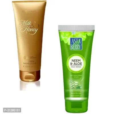 Milk And Honey Gold Smoothing Sugar Scrub Astaberry Neem Aloe Deep Cleansing Face Wash Combo