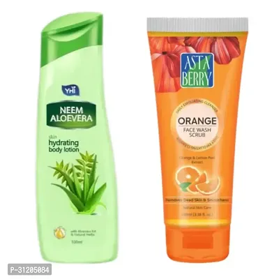 Yhi Neem Aloevera Skin Hydrating Hand Body Lotion Astaberry Vitamin C Face Wash Scrub Combo-thumb0