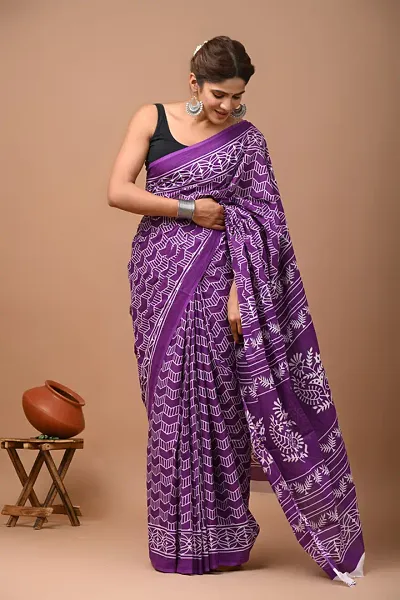 KANHAIYA KURTIES Womwn Bagru Block Print Cotton mulmul sarees with blouse