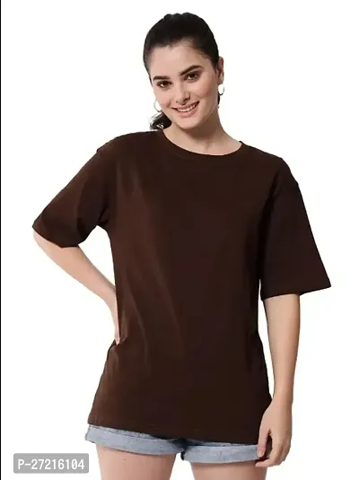 Women Round Neck Cotton Blend Brown T-shirt-thumb0