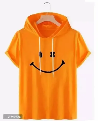 Pretty Yellow Cotton Printed Hooded T-shirt For Men