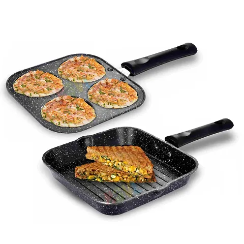 Non Stick Grill Pan  Mini Uttapam Pan Tawa Aluminum Multi Snack Maker / 2 Pc Combo