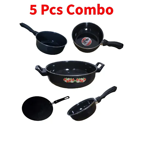 Nonstick iron Perfect Collection Combo Set of 5 Pcs Induction Base Cookware Sets Black (Kadhai, Tawa, Milk Pan, Sauce Pan, Fry Pan