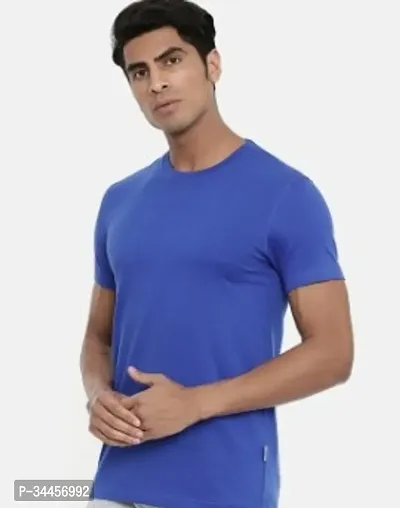 Stylish Blue Polyester Blend Solid Round Neck Tees T Shirt For Men-thumb0