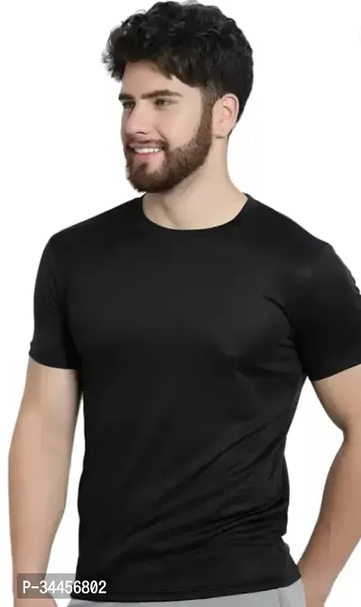 Stylish Black Polyester Blend Solid Round Neck Tees T Shirt For Men-thumb0