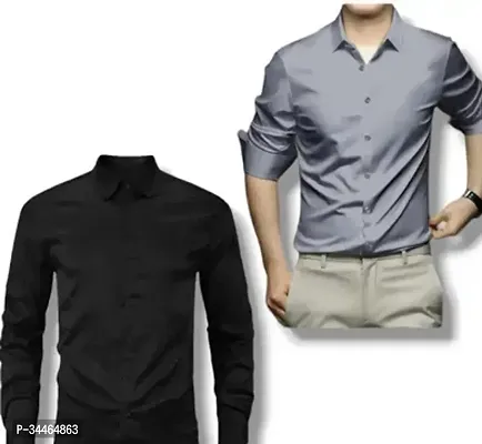 Stylish Multicoloured Cotton Blend Solid Long Sleeves Casual Shirt For Men Pack Of 2-thumb0