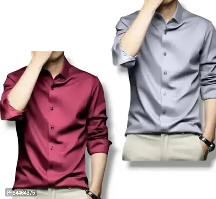 Stylish Multicoloured Cotton Blend Solid Long Sleeves Casual Shirt For Men Pack Of 2-thumb0