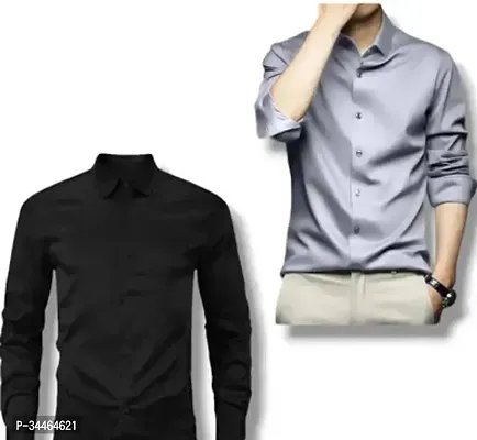 Stylish Multicoloured Cotton Blend Solid Long Sleeves Casual Shirt For Men Pack Of 2-thumb0