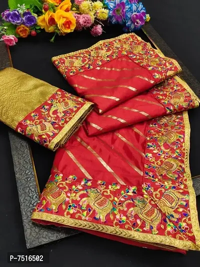 Stylish Dola Silk Embroidered With Foli Print Work Saree With Blouse Piece