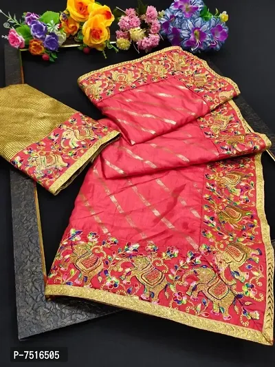 Stylish Dola Silk Embroidered With Foli Print Work Saree With Blouse Piece-thumb0