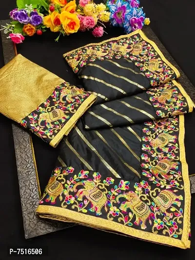 Stylish Dola Silk Embroidered With Foli Print Work Saree With Blouse Piece-thumb0