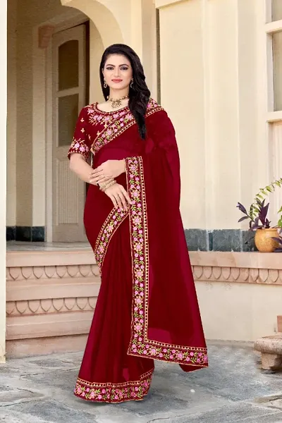 Georgette Embroidered Lace Border Sarees with Embroidered Blouse Piece