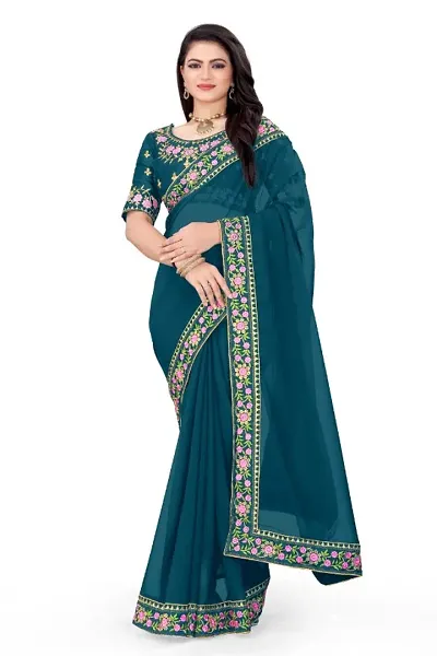 Beautiful Georgette Embroidered Saree With Blouse Piece