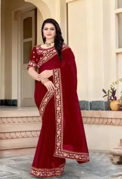 Georgette Embroidered Lace Border Sarees with Embroidered Blouse Piece