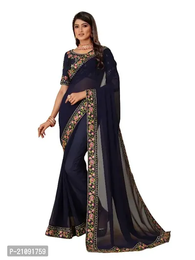 New Fancy Georgette Embroidery Work Lace Saree With Blouse-thumb0