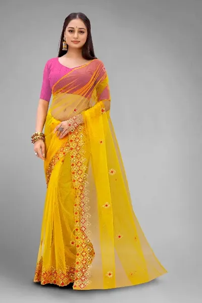 Partywear Yellow Net Embroidered Sarees with Pink Solid Dupion Silk Blouse Piece