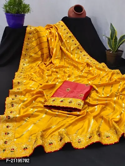 Fancy women Art Silk Fabric With Foil Print Lehriya Print all over with Embroidred Lace Blouse