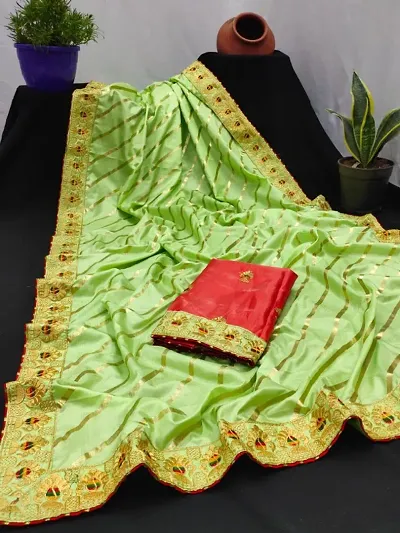 Dola Silk Foil Print Embroidered Lace Border Sarees with Blouse Piece