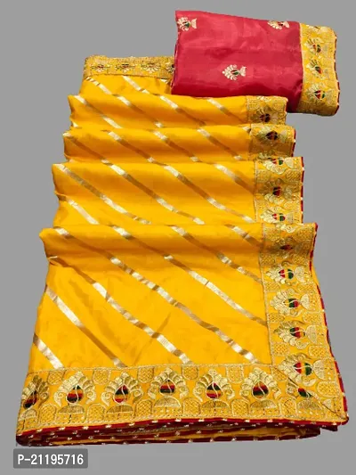 Fancy women Art Silk Fabric With Foil Print Lehriya Print all over with Embroidred Lace Blouse