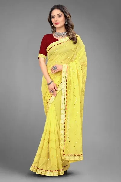 Georgette Mirror Work lave Border Sarees with Blouse piece