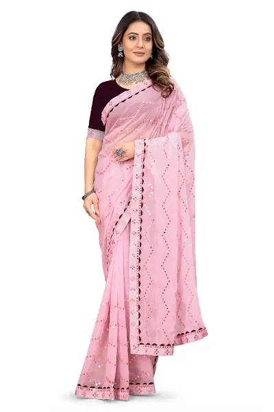 Georgette Mirror Work lave Border Sarees with Blouse piece