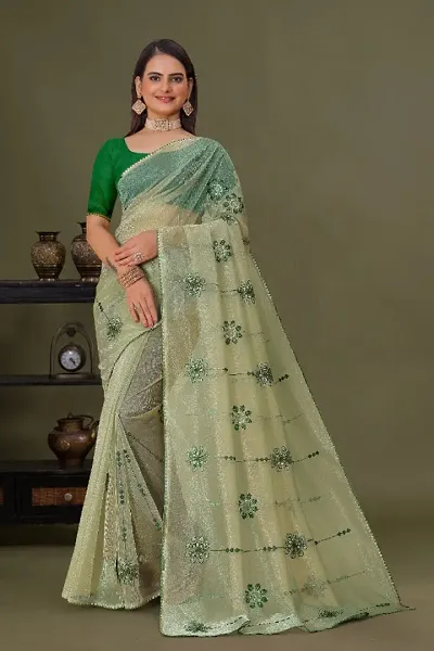 Organza Embroidered Piping Border Sarees with Contrast Blouse Piece