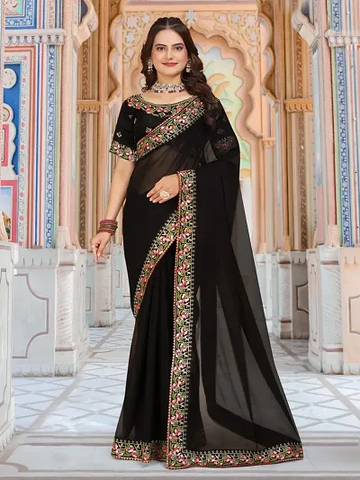 Georgette Embroidered Lace Border Sarees with Dupion Silk Embroidered Blouse Piece