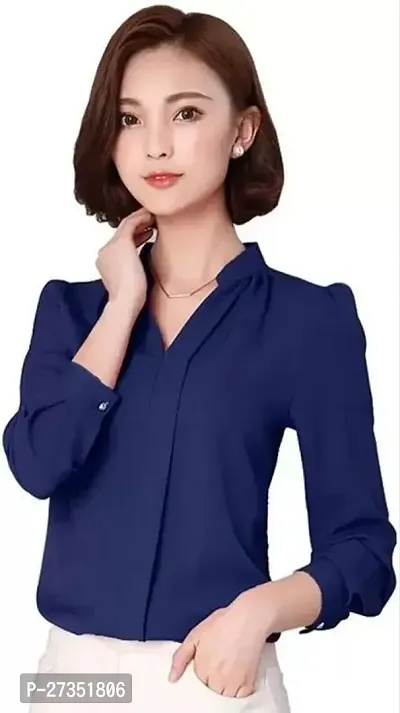 Stylish Blue Crepe Solid Shirt For Women-thumb0