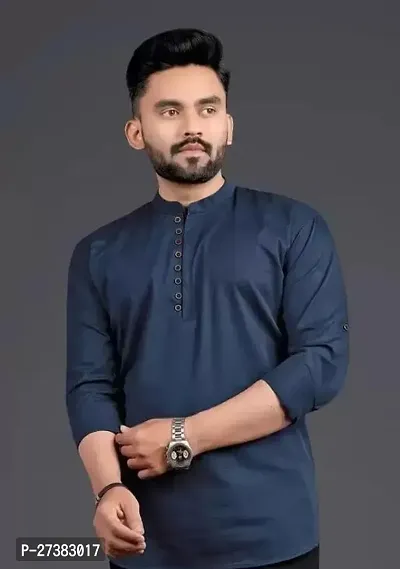 Reliable Navy Blue Cotton Solid Short Kurta For Mens-thumb0