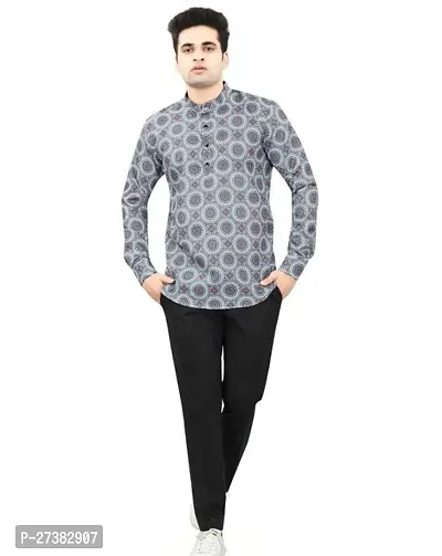 Reliable Grey Cotton Blend Printed Short Kurta For Mens-thumb0