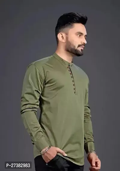 Reliable Olive Cotton Solid Short Kurta For Mens