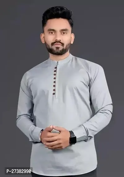 Reliable Grey Cotton Solid Short Kurta For Mens-thumb0