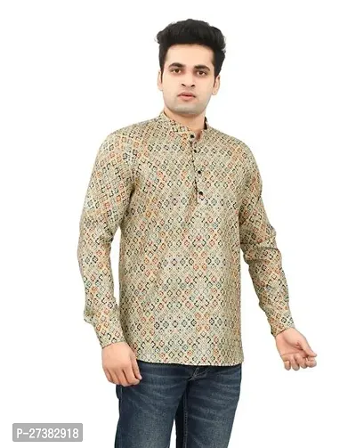 Reliable Beige Cotton Blend Printed Short Kurta For Mens