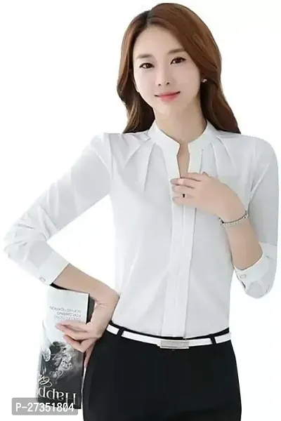 Stylish White Crepe Solid Shirt For Women-thumb0