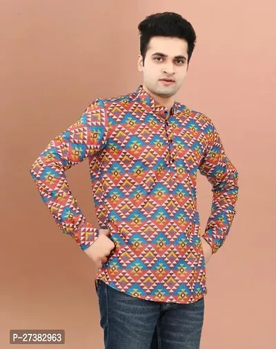 Reliable Multicolored Cotton Blend Printed Short Kurta For Mens-thumb0