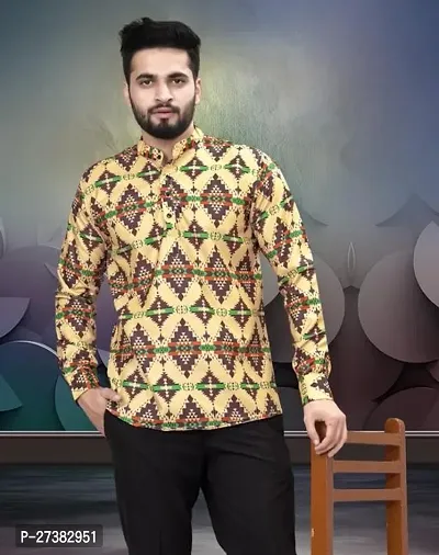 Reliable Beige Cotton Blend Printed Short Kurta For Mens-thumb0