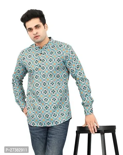 Reliable Turquoise Cotton Blend Printed Short Kurta For Mens-thumb0