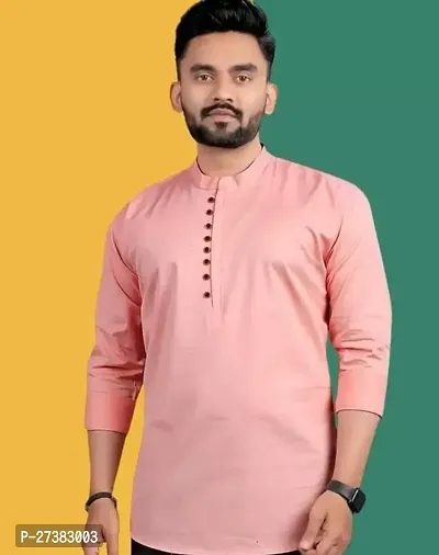 Reliable Pink Cotton Solid Short Kurta For Mens-thumb0