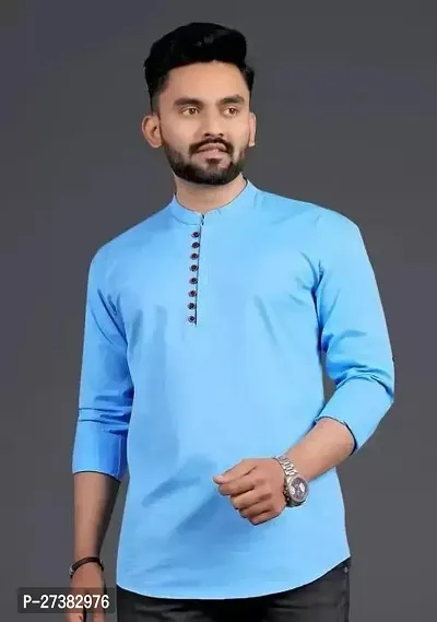 Reliable Blue Cotton Solid Short Kurta For Mens-thumb0