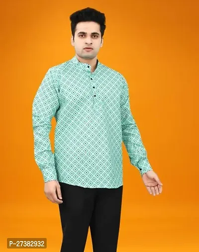 Reliable Turquoise Cotton Blend Printed Short Kurta For Mens