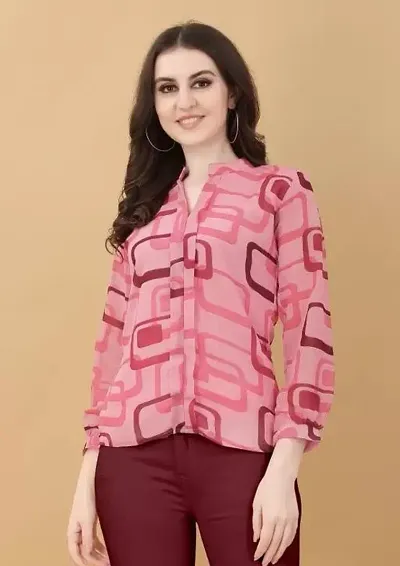 SADGUN CREATION Women's Printed Georgette Full Sleeve Collared with V-Neck Designer Shirt (UK_44658-Pink-X-Large)