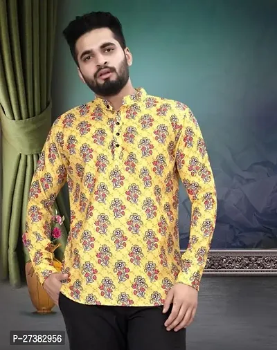 Reliable Yellow Cotton Blend Printed Short Kurta For Mens
