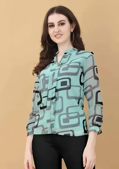 SADGUN CREATION Women's Printed Georgette 3/4 Sleeve Collared V-Neck Designer Shirt (S_E_44455-AquaBlue-Small)