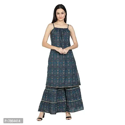 GIANNA Women's Cotton Printed Straight Kurta  Sharara Set- Blue-thumb0