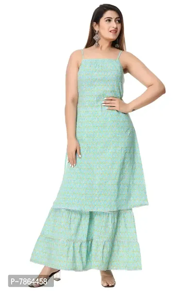 GIANNA Cotton Printed Sleeveless Kurta Sharara Set (X-Large, Sea Green)