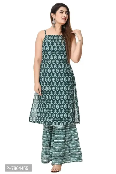 GIANNA Cotton Printed Sleeveless Kurta Sharara Set (XX-Large, Green)