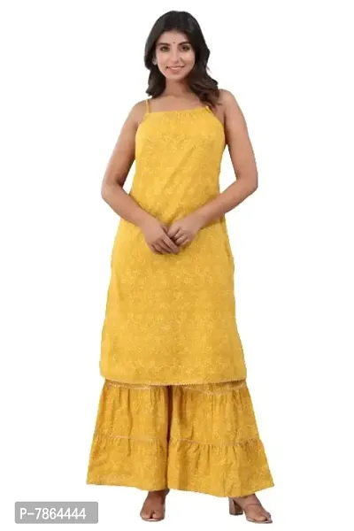 GIANNA Cotton Printed Sleeveless Kurta Sharara Set (X-Large, Yellow)