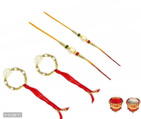 Designer Rakhi Set Pack of 4 Multicolor Designer Bhaiya Bhabhi Rakhi with Roli and Chawal-thumb0