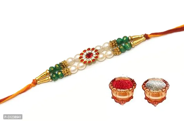 Designer Rakhi Set Pack of 1 Multicolor Designer Rakhi with Roli and Chawal-thumb0